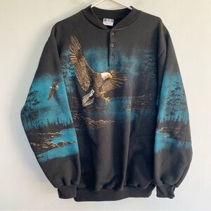 AU Sportswear Vintage Eagle Crewneck Sweater Black Blue Button American Size XL